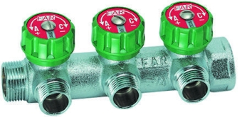 Коллектор распределительный регулирующий 1" с 3 выходами НР 1/2", 45 мм, FAR