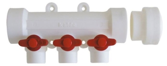 Коллектор без воздухоотводчика 4 выхода, ручки - красные, (PP) Kalde
