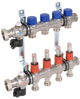 Коллекторная группа распределительная 1" с 3 выходами Евроконус 3/4", с расходомерами, 50 мм, FRANKISCHE