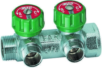 Коллектор распределительный регулирующий 3/4" с 2 выходами НР 1/2", 45 мм, FAR